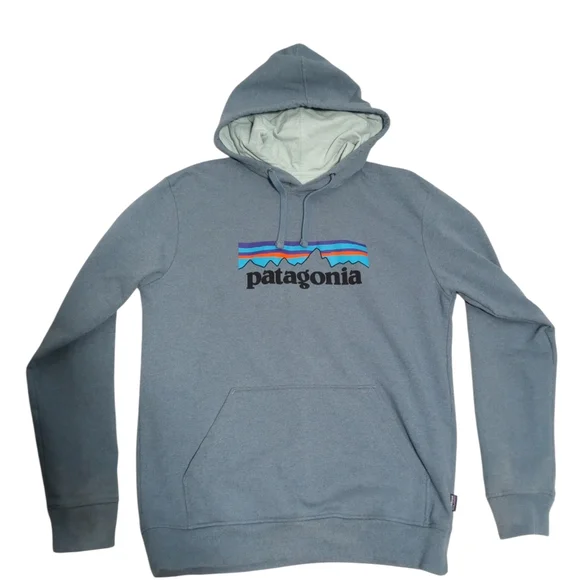 Patagonia Navy Logo Pullover Hoodie Kangaroo Pocket Casual Sweatshirt Sz Medium - Picture 6 of 7